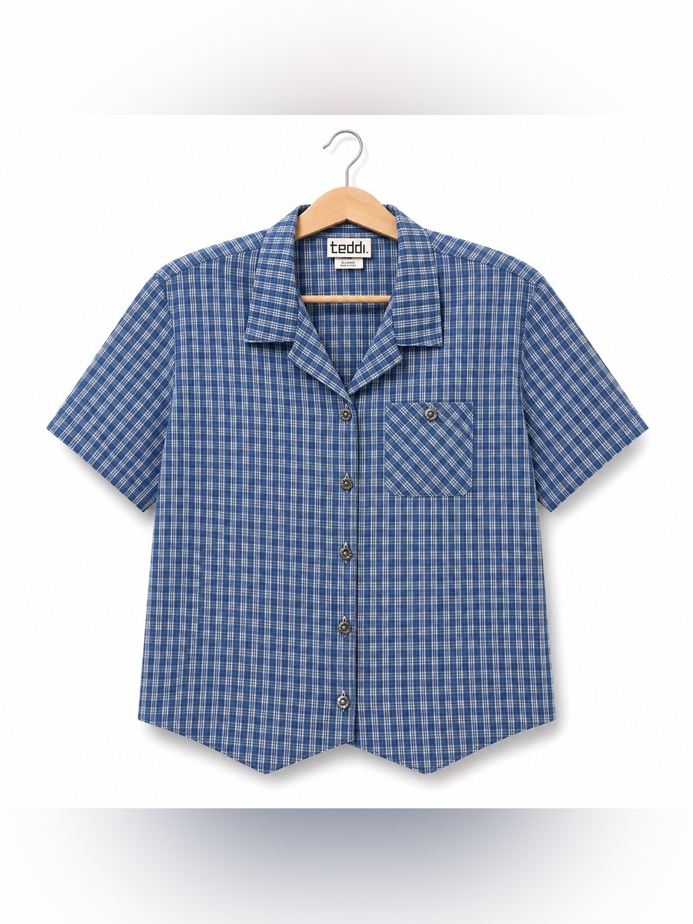 TEDDI Plaid Button Shirt Blue Cotton Short Sleeve Vintage XL